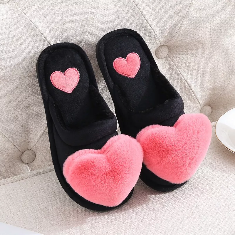 Inverno quente chinelos mulheres sapatos mulher bonito amor coração chinelos de pelúcia casa chinelos chinelo indoor pele do falso slides casa chinelo