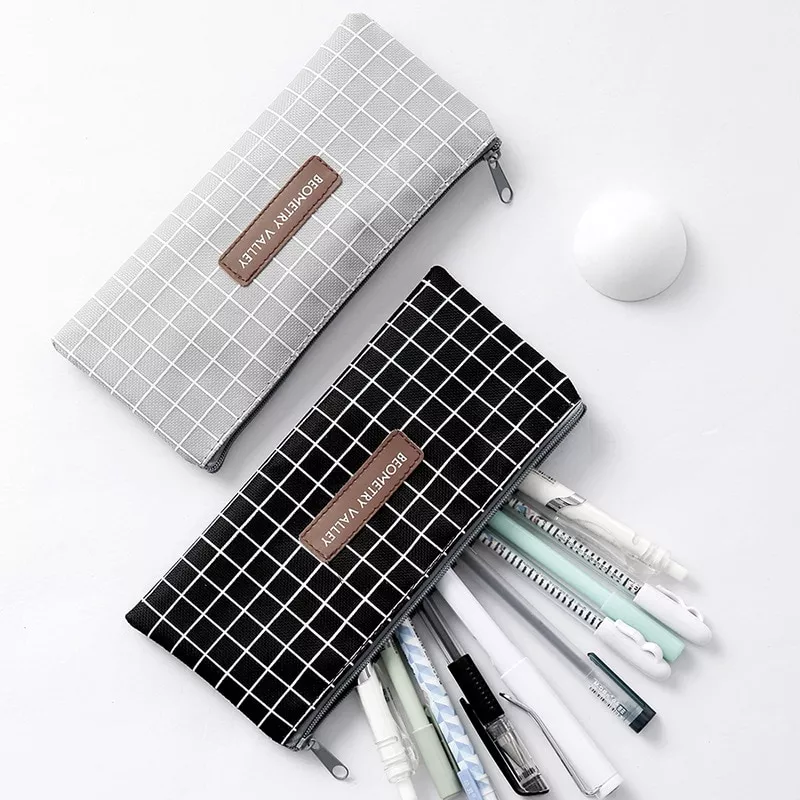 Kawaii Saco do Lápis da lona simples grade dot Organizador De Armazenamento Caixa de Lápis de Papelaria Material Escolar