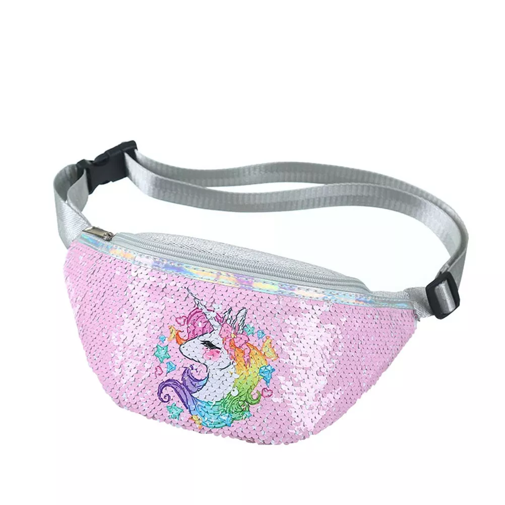 Lantejoulas impressão unicórnio lantejoulas moda cintura saco fanny pacote crianças dos desenhos animados peito saco de viagem ao ar livre bolso telefone bolsa
