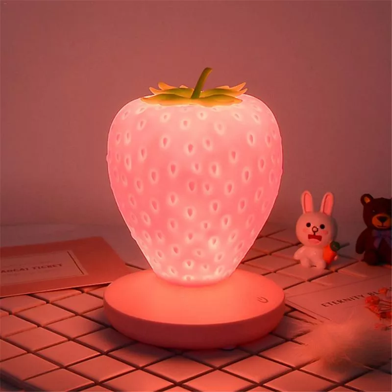 Luminária morango Toque regulável led night light silicone morango nightlight usb lâmpada de cabeceira para o bebê crianças presente quarto decoração