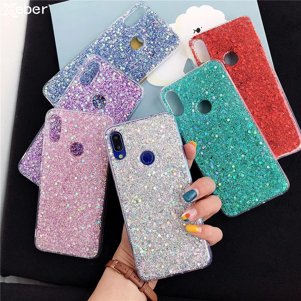 Luxo silicone bling glitter cristal lantejoulas caso de telefone para xiaomi 8 9 se lite redmi 5 plus 6 nota 7 6 5 pro macio bling capa