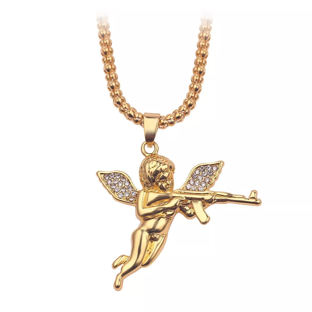 Luxo strass menino querubim asas pingente colar atirar cupid amor deus cor de ouro hip-hop masculino charme colar longo corrente jóias