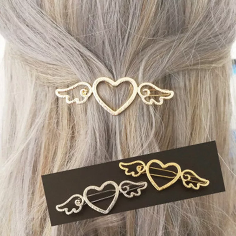 Menina do sexo feminino metal ângulo asas amor coração barrette clipes lado hairpins ferramentas de cabelo clipe arco