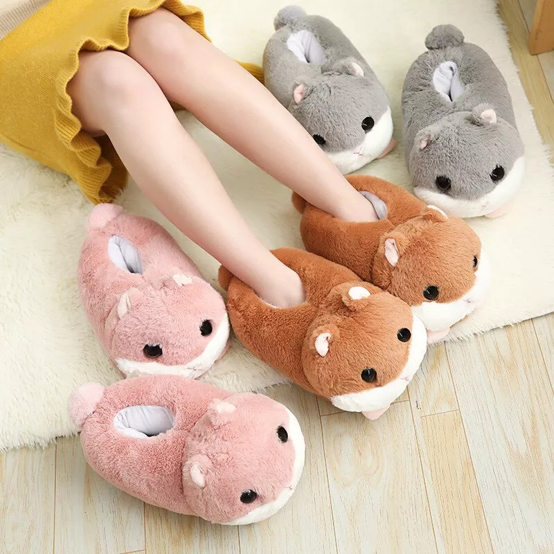 Millffy bonito morno hamster chinelo rosa marrom cinza piso em casa chinelos animais macios feminino chinelo meninas inverno sapatos quentes