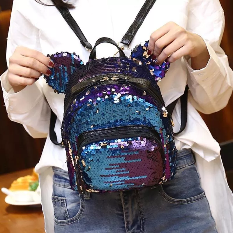 Mochila Brilhante Com Orelhas Azul  #002