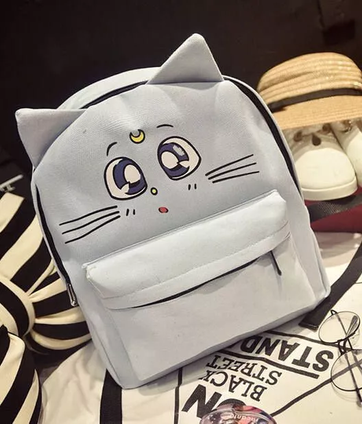 Mochila Pasta Bolsa Anime Sailor Moon Gata Artemis Branca/Azul Claro