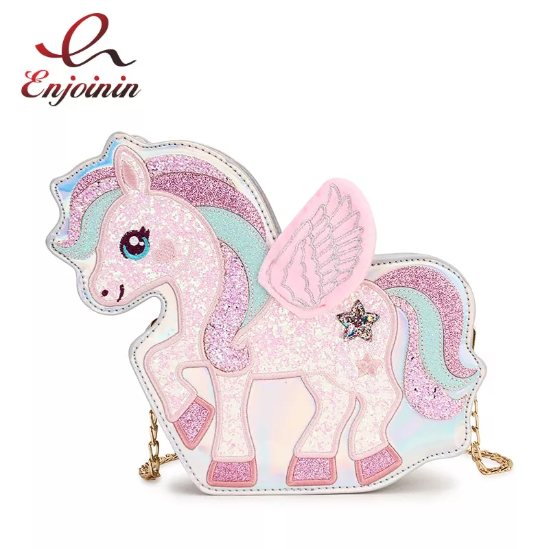 Moda sonho unicórnio lantejoulas pu laser da menina corrente bolsa de ombro bolsa tote crossbody mini mensageiro bolsa feminina aleta bolsa