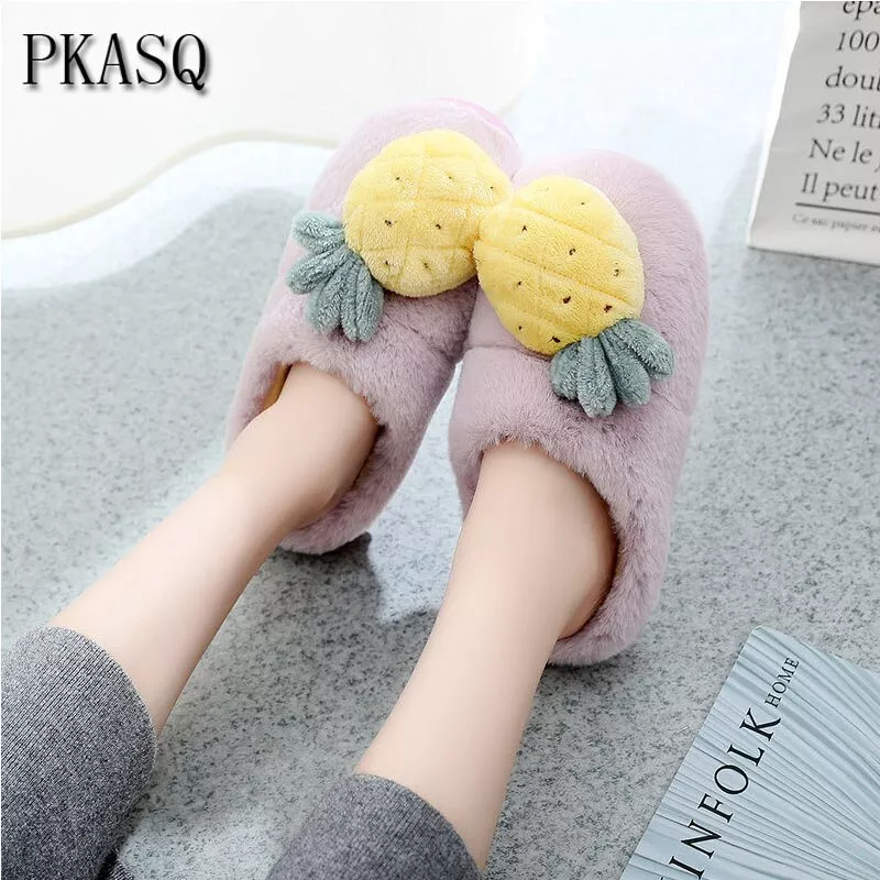 mulheres chinelos de algodao chinelos em casa bonito abacaxi pksaq inverno Pantufa porquinho rosa Winter Women Warm Indoor Slippers Ladies Fashion Cute Pink Pig Women's Soft Short Furry Plush Woman Comfort Casual Female Shoes