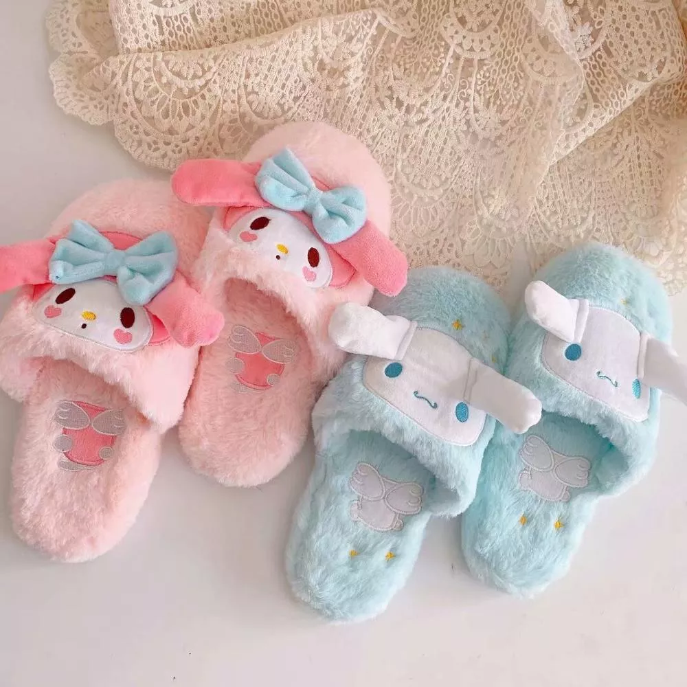 mulheres interior chinelos bonito cinnamoroll melodia pompom morno mulher Pantufa Moda feminina chinelos de inverno quente pele slides das senhoras dos homens meninos meninas casa sapatos salto plano casa interior quarto zapatilla mujer