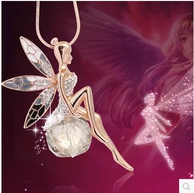 Nova mulher cristal brilhante fada strass asas de anjo longa corrente de festa pingente colar camisola corrente moda jóias