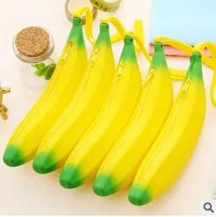 Novidade amarelo banana silicone lápis caso papelaria armazenamento saco de lápis dupla moeda bolsa chave carteira presente promocional papelaria