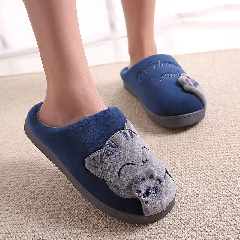 Pantufa Adulto  Gato Bem Vindo Azul