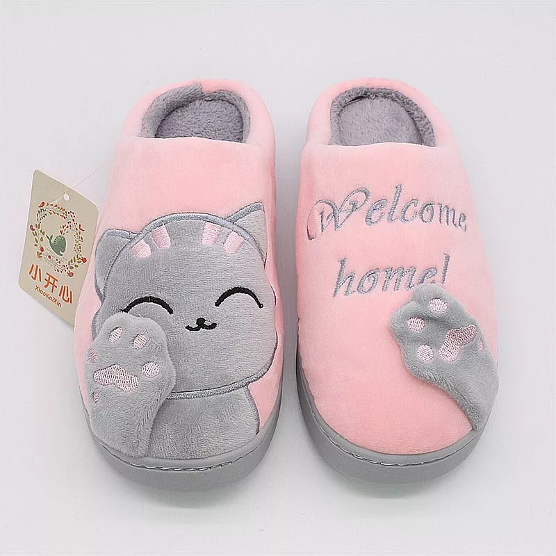 Pantufa Adulto  Gato Bem Vindo Rosa Cinza