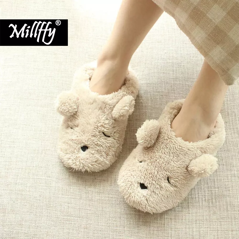 Pantufa chinelo urso Millffy miss urso bonito dos desenhos animados inverno piso interior deslizamento casa quente chinelos de pelúcia com sapatos de salto feminino