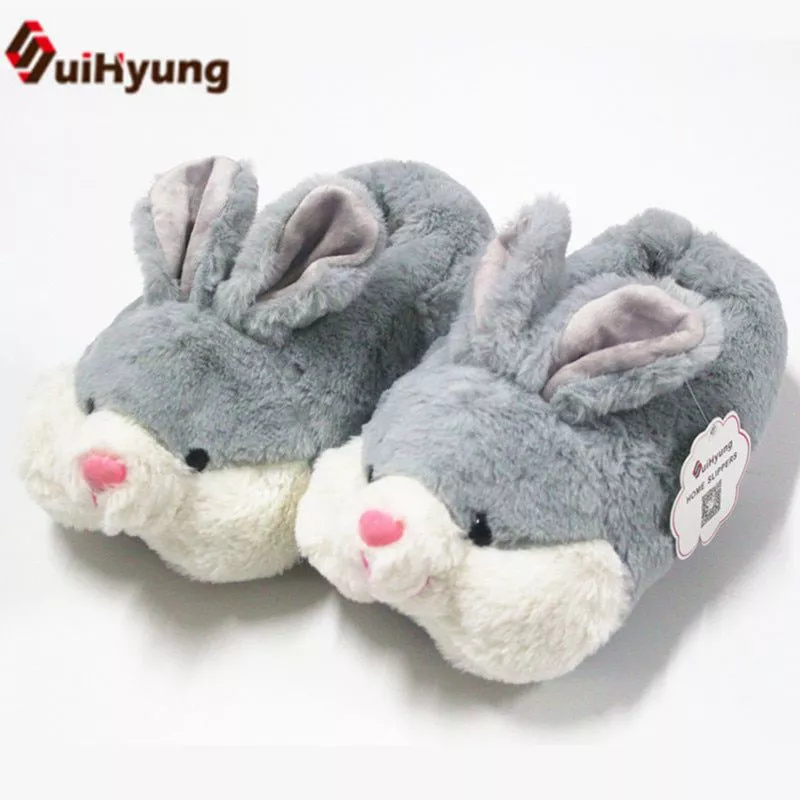 Pantufa Coelho casa das mulheres chinelos interior sapatos de inverno calor casa plana deslizamento em animal coelho chinelos de pelúcia pele slides sapatos de algodão