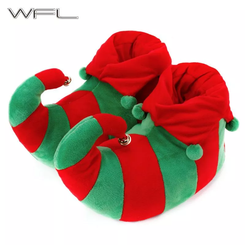 Pantufa Elfo Natal Wfl sapatos femininos bonito de pelúcia quente inverno macio chinelos de algodão anti-skid durável outsoles casa ao ar livre sapatos de caminhada de inverno