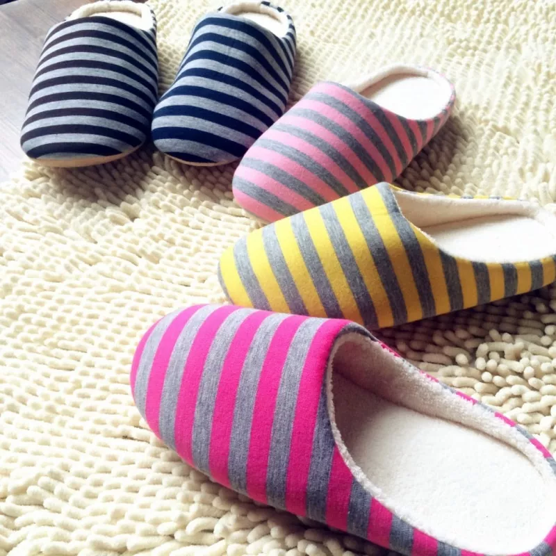 Pantufa feminina listrada unissex, chinelo de algodão antiderrapante