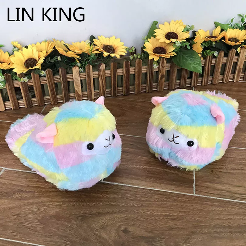 pantufa lhama alpaca colorida arco iris lin rei doce dos desenhos animados Adorável unisex animal grande pato amarelo chinelos de pelúcia halloween cosplay sapatos dos desenhos animados totoro chinelos botas de pato para o presente de natal