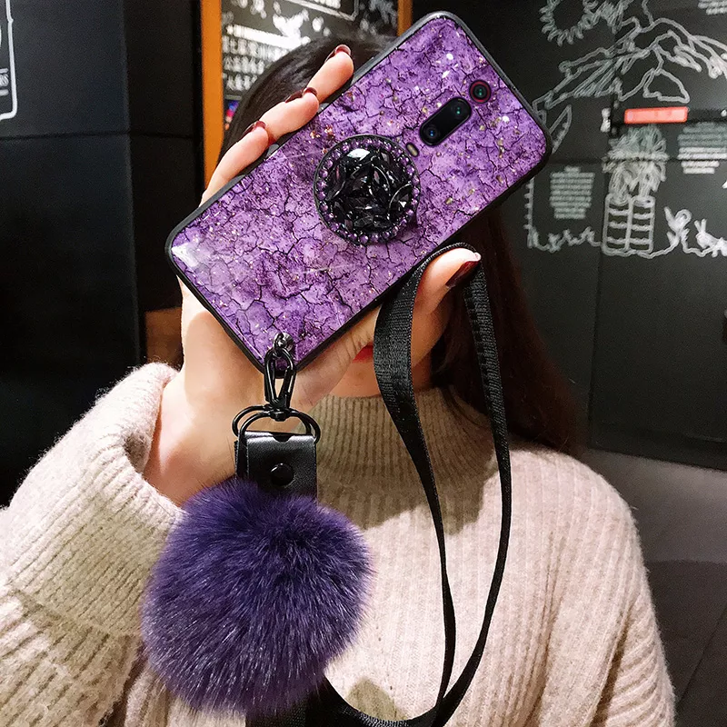 Para xiaomi mi 9 t 9 cc9 a3 8 lite 6x a2 5x a1 nota 8 t 10 redmi k30 k20 pro mix 2 max 3 caso capa glitter bola de pelúcia alça mão