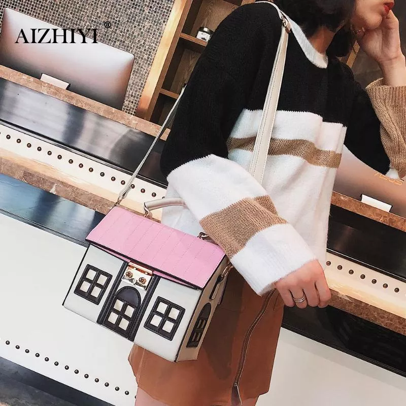 Personalidade em forma de casa bolsas de couro feminina moda criativa menina mensageiro crossbody saco ombro bolsa feminina