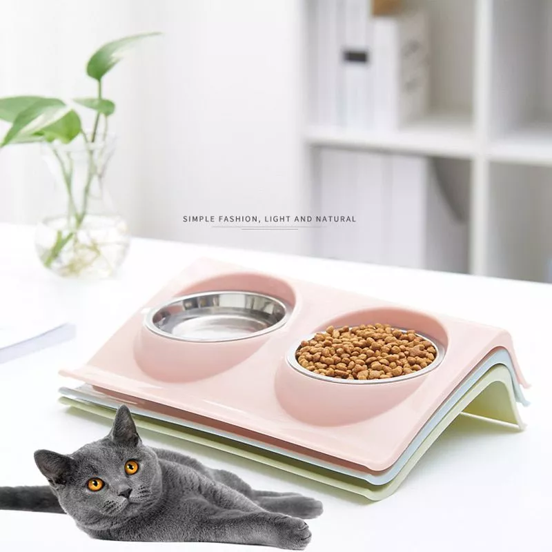 pet double bowls food water feeder stainless steel cat food bowl for dog puppy cats Pet Double Bowls Food Water Feeder Stainless Steel Cat Food Bowl for Dog Puppy Cats Pets Supplies Feeding Dishes S/M