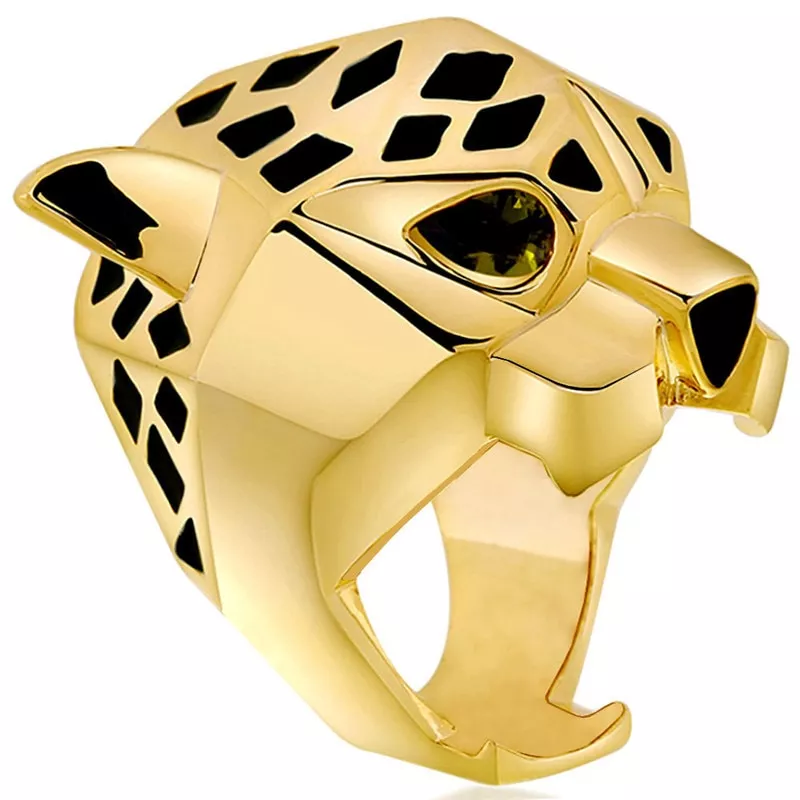 Qualidade da moda ouro leopardo homem mulher cocktail anel de declaração verde zircão olhos