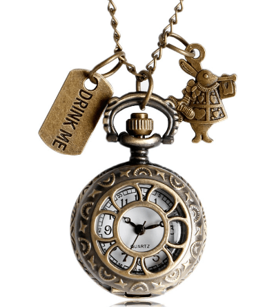 Relógio de Bolso Bronze Alice No País Das Maravilhas Beba-me Coelho Quartz