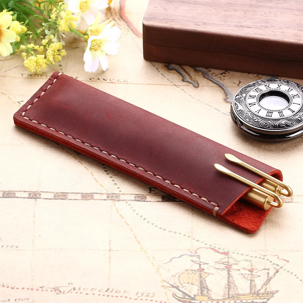 Saco de caneta de couro genuíno feito à mão, caso rústico do suporte do saco de lápis de couro, acessórios do estilo retro do vintage para o caderno de couro