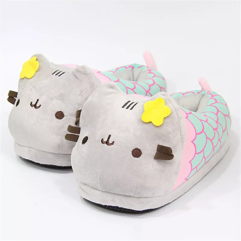 Suihyung mulher inverno indoor sapatos casa chinelos de pelúcia pelúcia flor gato sapatos de algodão senhoras dos desenhos animados sereia quente engraçado sapatos