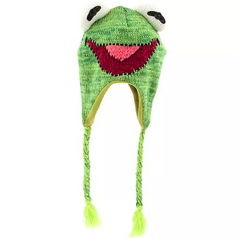 Touca Kermit Gorro de malha com borlas reversível especialidade tricô boné de algodão de lã