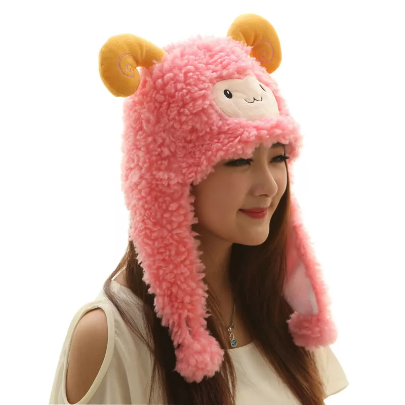 touca ovelha rosa Bonito Animal De Pelúcia Sorridente Marrom Ovelha De Pelúcia Beanie Macio Capa Chapéu Adulto Das Mulheres Mornas do Inverno Dos Miúdos Das Crianças Meninas Traje Cosplay