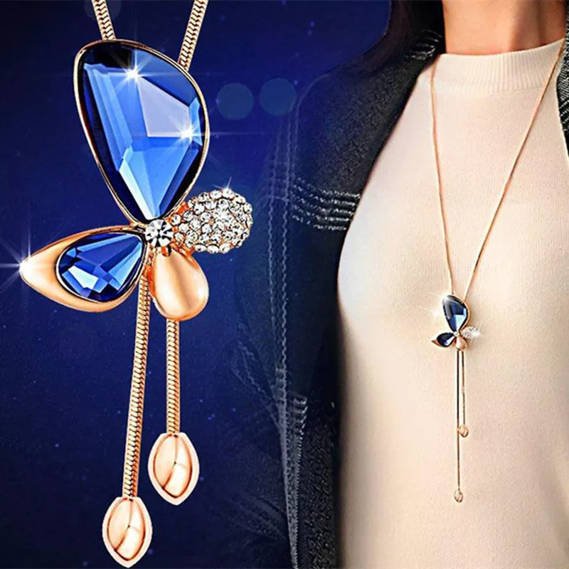 venda quente classico cristal borboleta borla longo colar bijoux nova moda Colares femininos oco flor cristal medalhão ouro prata pingente longo colar moda jóias colar mujer 2019 presente