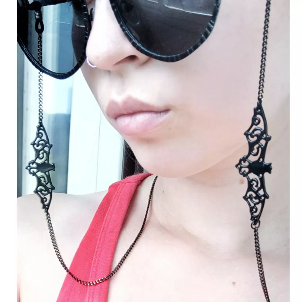 Óculos Feminino retro preto bat sunglass chains colhedores acessórios óculos de sol óculos de leitura cinta cabo óculos pendurado corda 2
