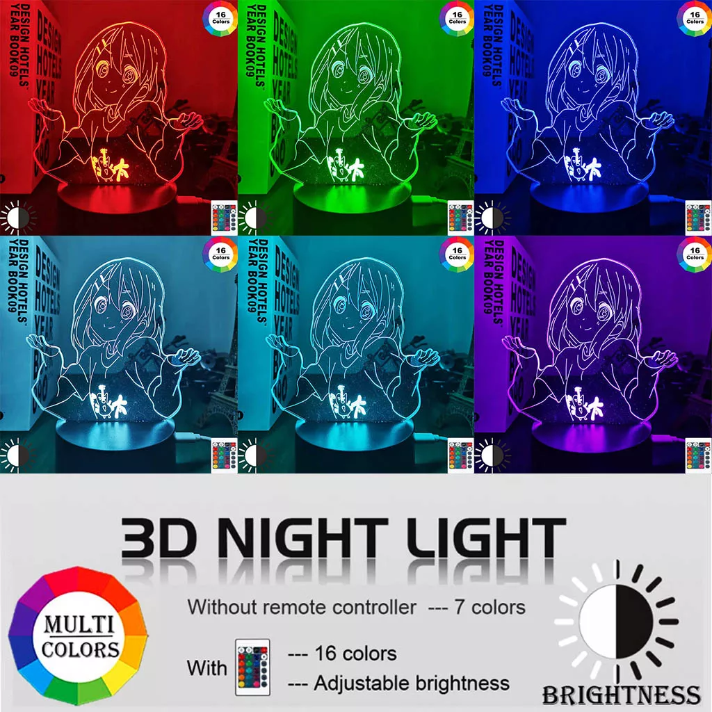 1085679507 Luminária Anime K-On Lâmpada noturna de led acrílica para decoração, anime k on yui hirasawa, lâmpada decorativa 3d para sala de estar, presente de aniversário, luz de mesa mangá