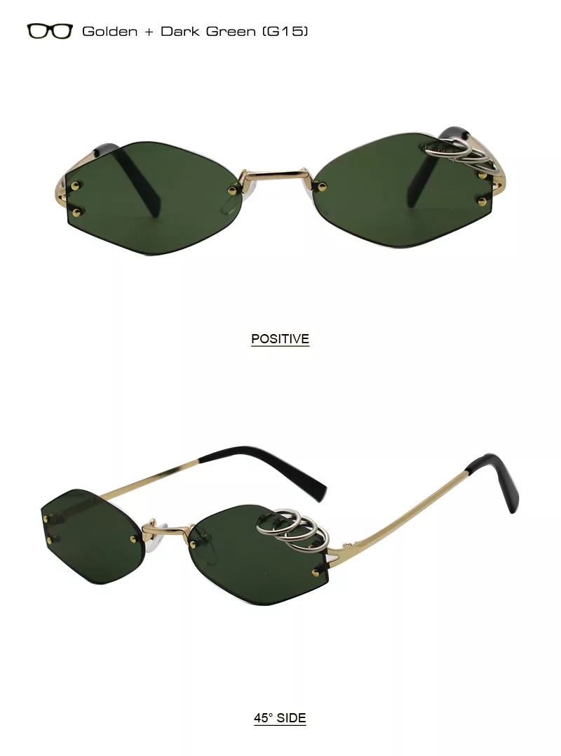 1337329421 Óculos de sol decorativo sem aro de ferro, óculos retro masculino verde escuro uv400