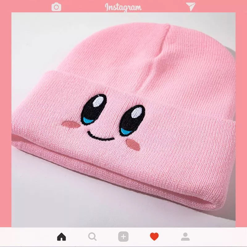 1581751486 Gorro touca kirby chapéu de malha rosa smiley rosto outono e inverno fino lã boné bonito estudantes manter quente moda menino menina presente