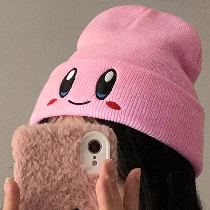 1611380122 Gorro touca kirby chapéu de malha rosa smiley rosto outono e inverno fino lã boné bonito estudantes manter quente moda menino menina presente