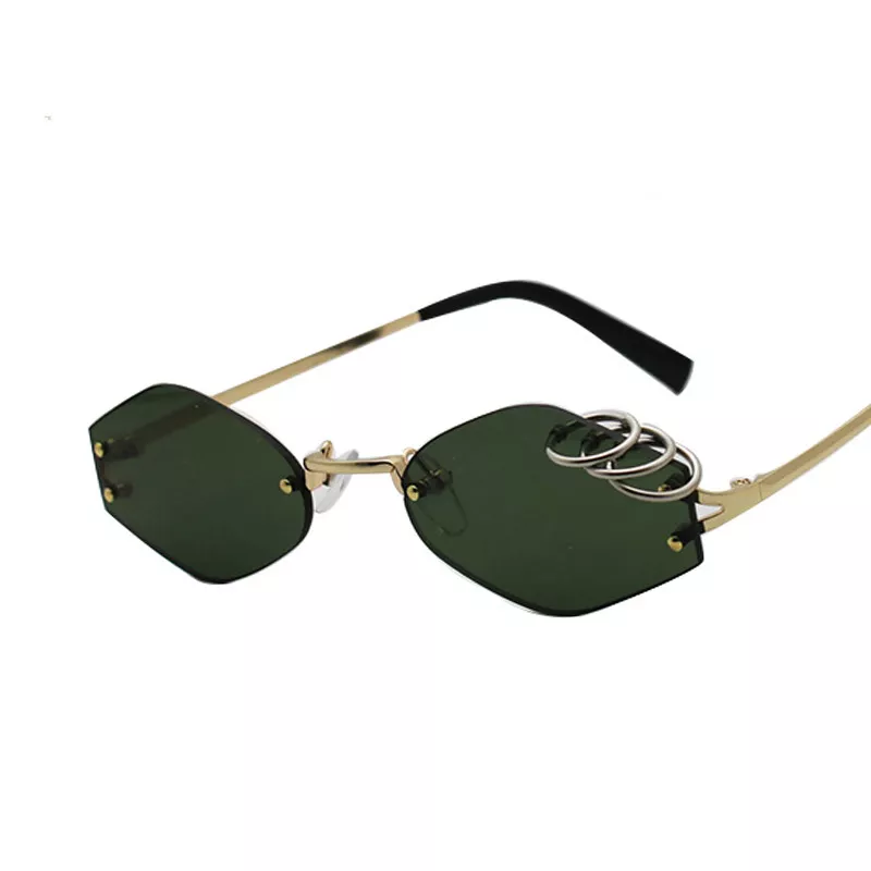 Óculos de sol decorativo sem aro de ferro, óculos retro masculino verde escuro uv400 1