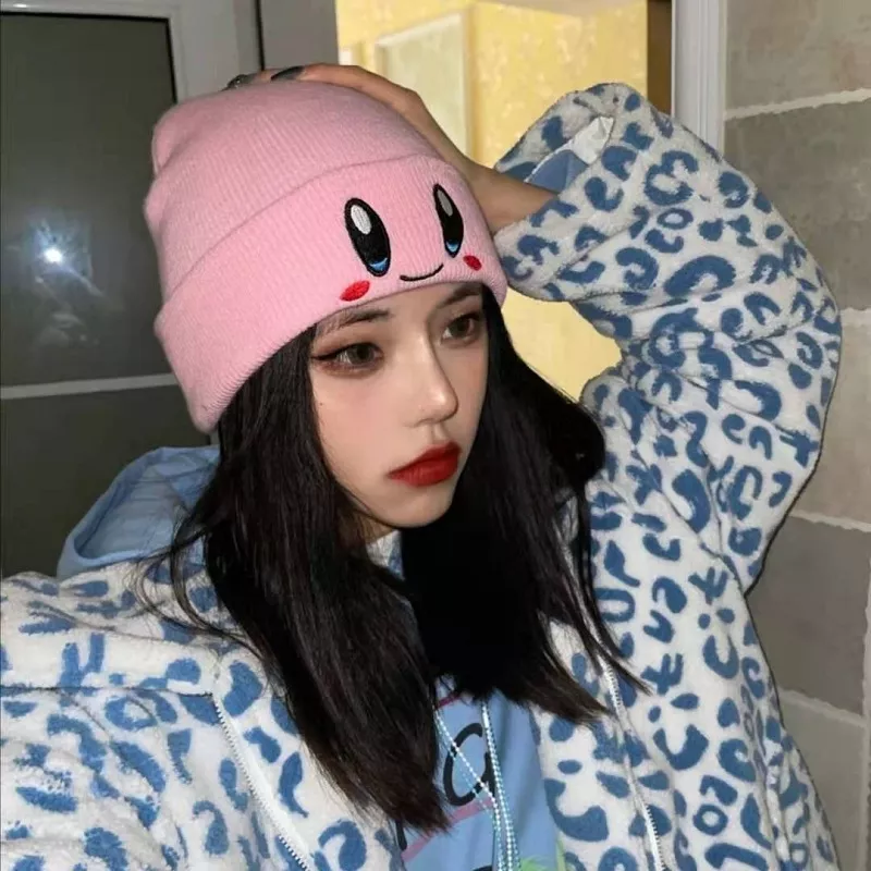 1787797172 Gorro touca kirby chapéu de malha rosa smiley rosto outono e inverno fino lã boné bonito estudantes manter quente moda menino menina presente