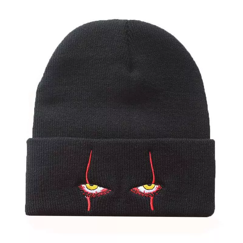 1819511874 Gorro chapéu de lã bordado, gorro palhaço assustador de olhos, de malha, quente, chapéu de hip-hop, toucas de halloween