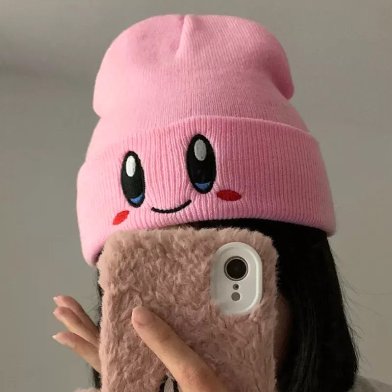 1830590348 Gorro touca kirby chapéu de malha rosa smiley rosto outono e inverno fino lã boné bonito estudantes manter quente moda menino menina presente