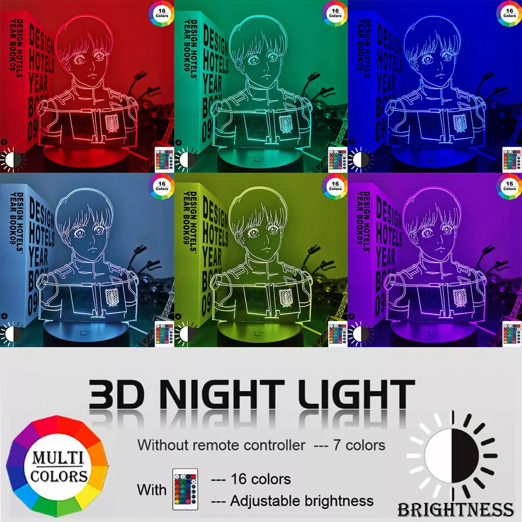 Luminária Attack On Titan Anime Luz led do anime lâmpada 3d arlinerte para decoração de quarto, luz noturna para crianças, presente de aniversário, mangá, shdobrável 2