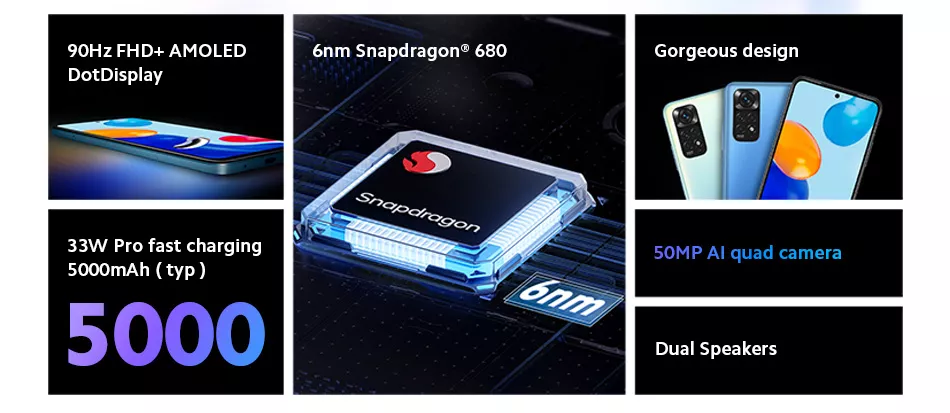 2110024069 Smartphone xiaomi redmi note 11 64gb/128gb snapdragon 680 33w pro carregamento 50mp quad câmera 90hz tela smartphone