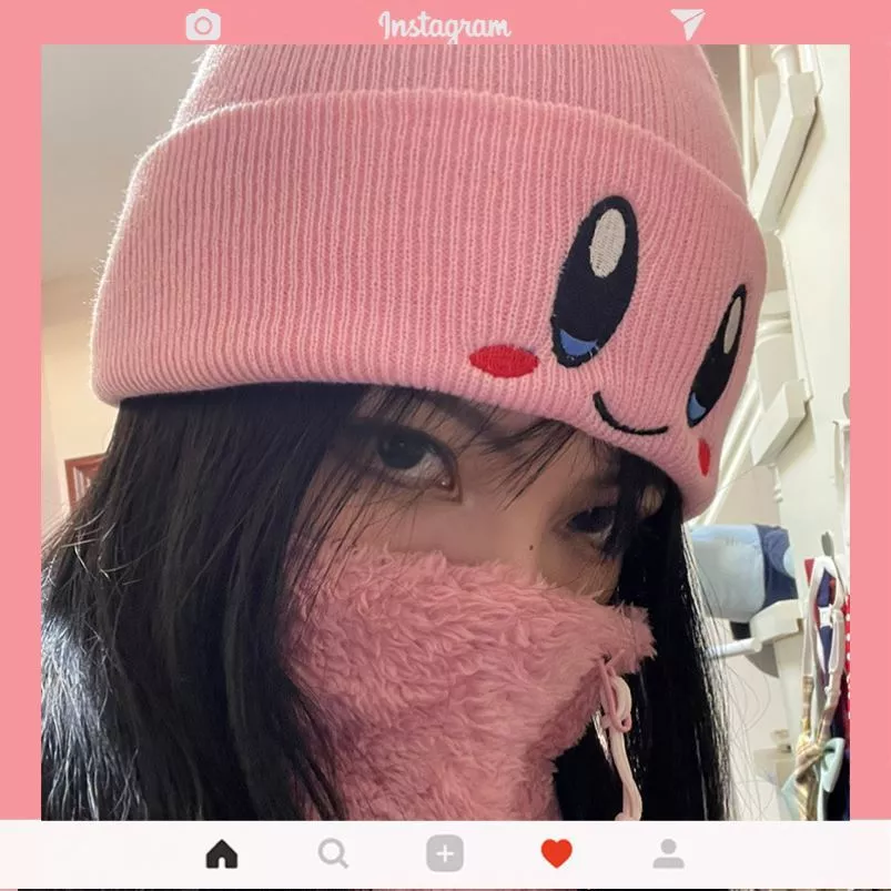 607390369 Gorro touca kirby chapéu de malha rosa smiley rosto outono e inverno fino lã boné bonito estudantes manter quente moda menino menina presente