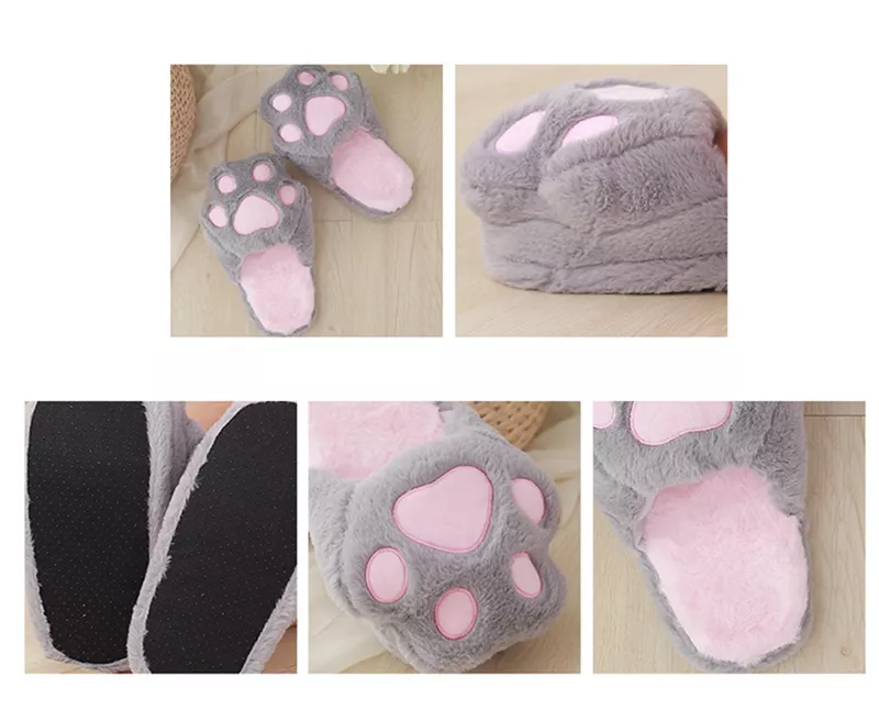 615270576 Pantufa gato pata chinelos de casa unissex meninas, pantufas de inverno fofas de gatinho com garras de gato de desenho animado