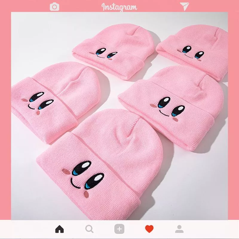 664185337 Gorro touca kirby chapéu de malha rosa smiley rosto outono e inverno fino lã boné bonito estudantes manter quente moda menino menina presente