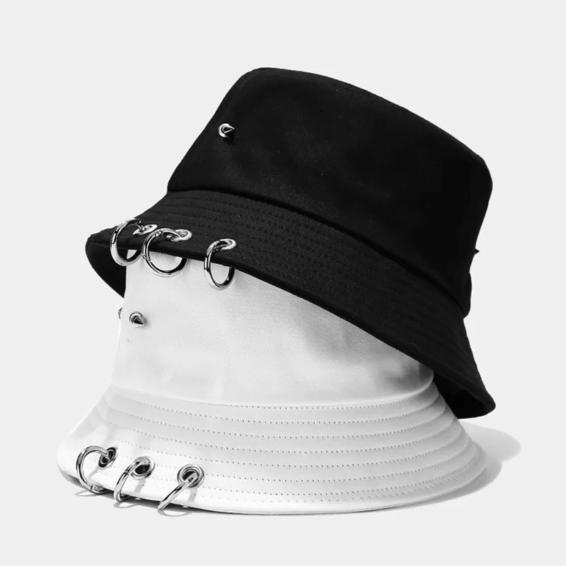 Chapéu Kpop de cor sólida jungkook, chapéu de balde de metal com rebites, anéis de metal, ao ar livre, aba larga, protetor solar e pescador 1