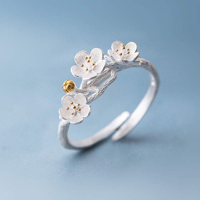 Anel elegante 925 anéis de prata esterlina flor de ameixa para mulheres tamanho ajustável anel de dedo joia estiloso 1