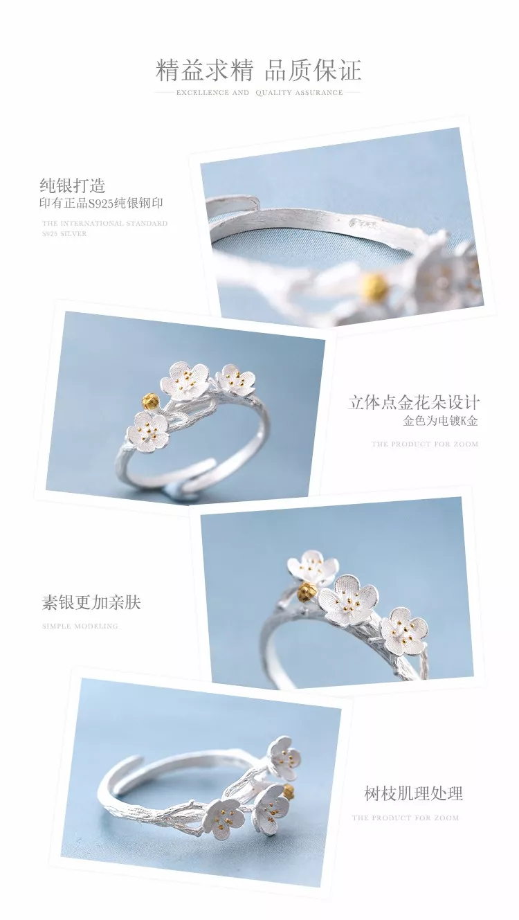 1981706679 1 Anel elegante 925 anéis de prata esterlina flor de ameixa para mulheres tamanho ajustável anel de dedo joia estiloso