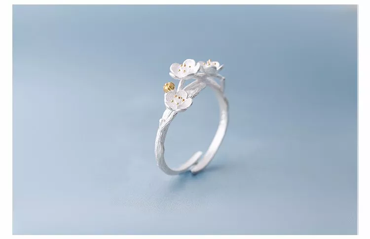 2071808748 1 Anel elegante 925 anéis de prata esterlina flor de ameixa para mulheres tamanho ajustável anel de dedo joia estiloso